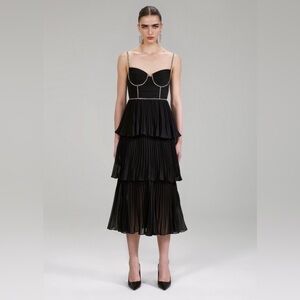 Self-Portrait Black Tiered Pleated Midi Dress with Crystal-Trim Straps US Size 6